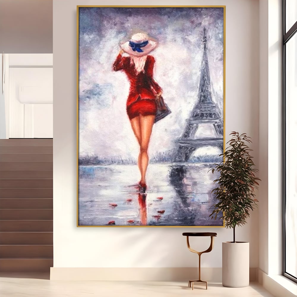 Tablou canvas cu pictura cu femeie in rochie rosie, in rama de aluminiu auriu